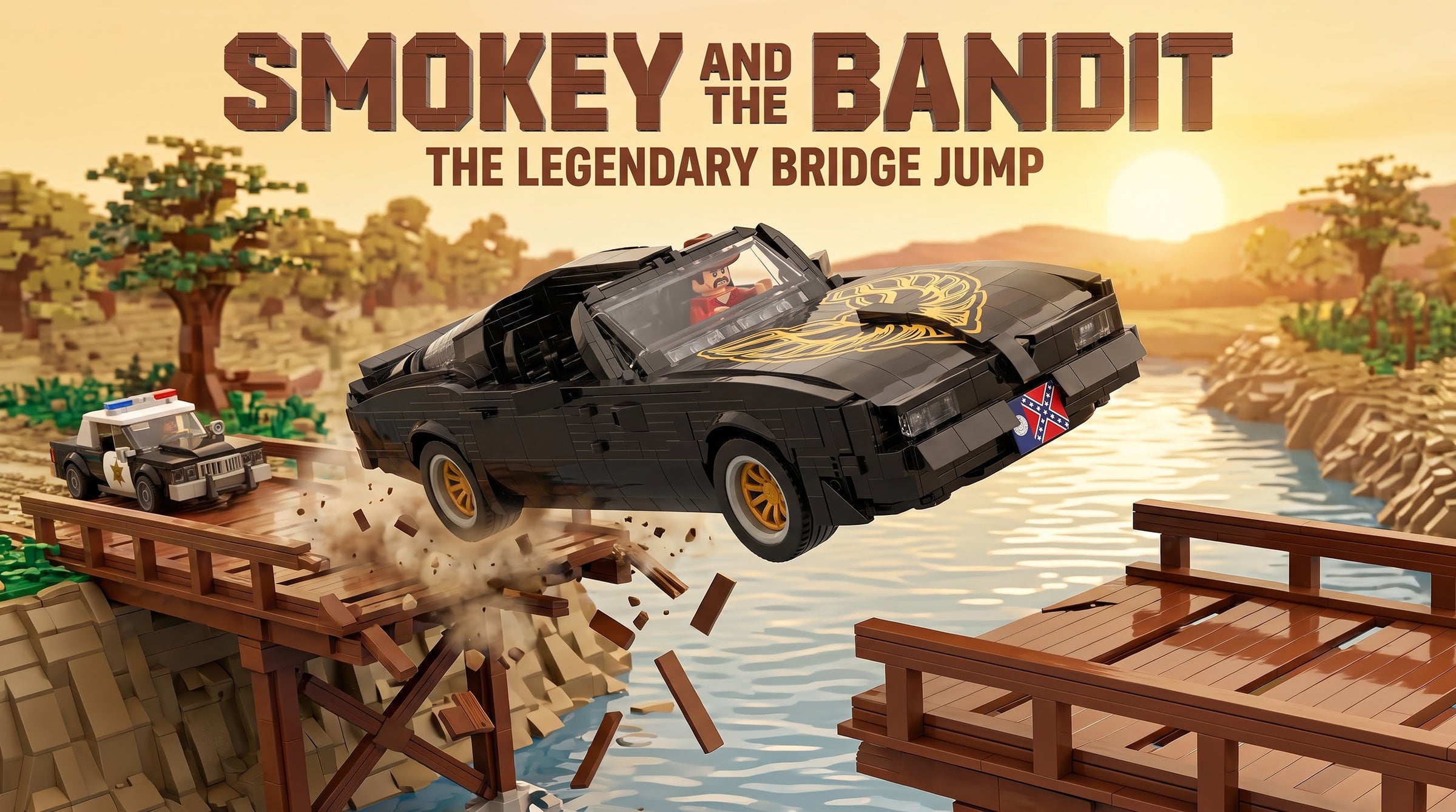 The Bandit Trans Am mid-jump across a collapsing wooden bridge, sheriff car behind