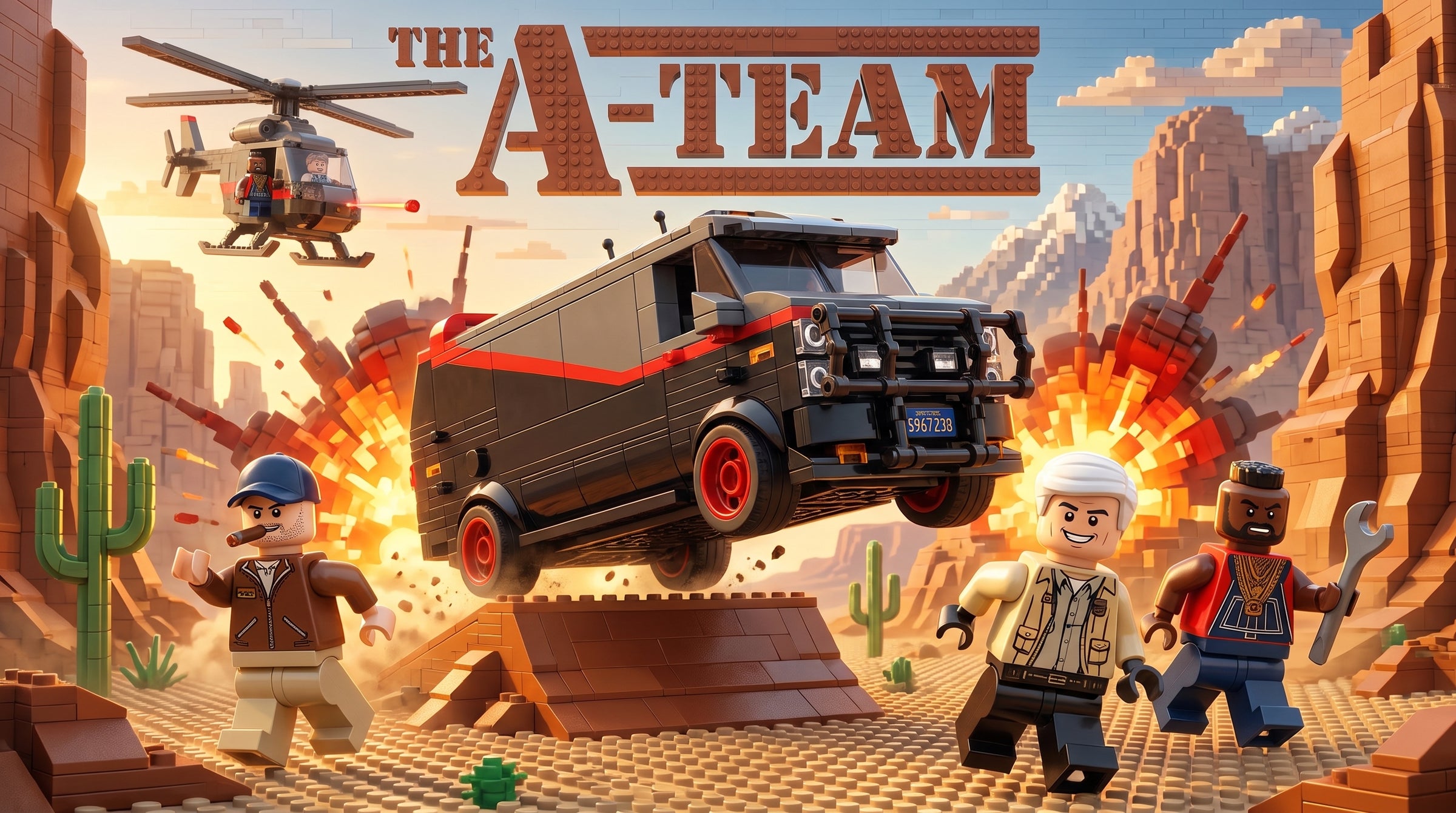 The A-Team van mid-jump through a desert canyon, Hannibal, Face, B.A. and Murdock below