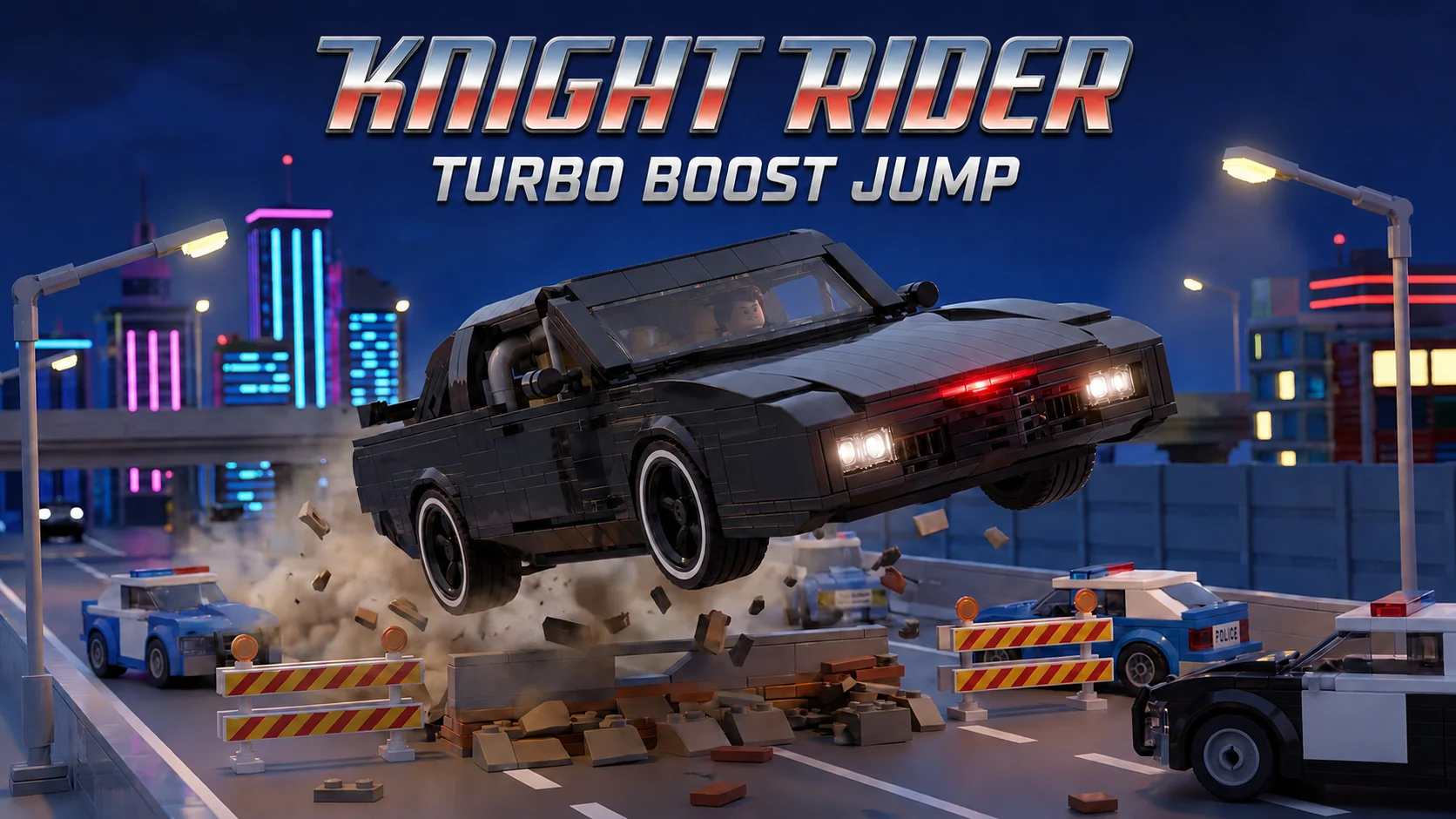 K.I.T.T. mid-jump over a highway barrier at night, police cars left behind