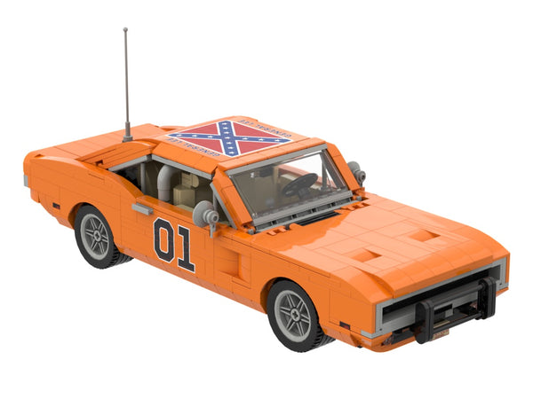 The LegendBrix General Lee, showing the printed 01 door decal and roof flag