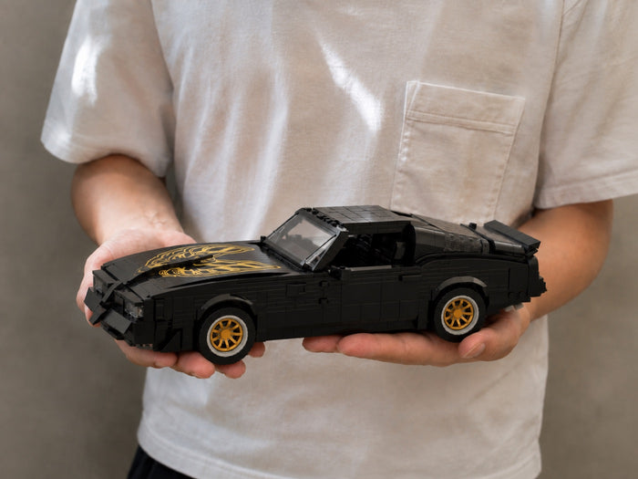 The finished Bandit Trans Am model resting across two open hands, for scale