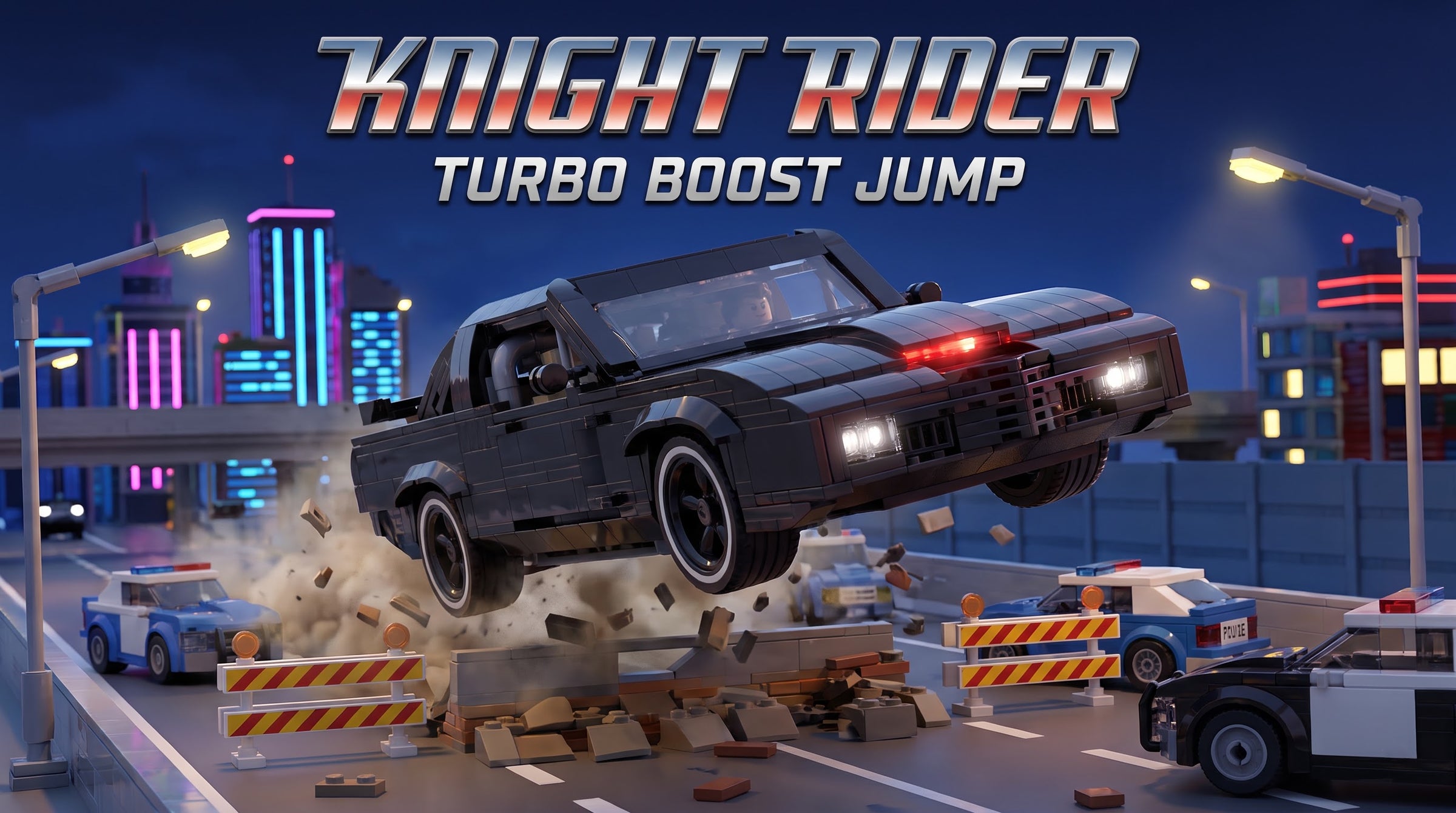 K.I.T.T. mid-jump over a highway barrier at night, police cars left behind