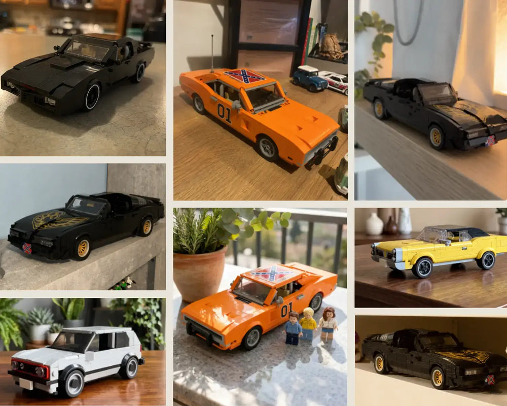 Eight LegendBrix sets built by buyers, photographed on shelves, desks and countertops