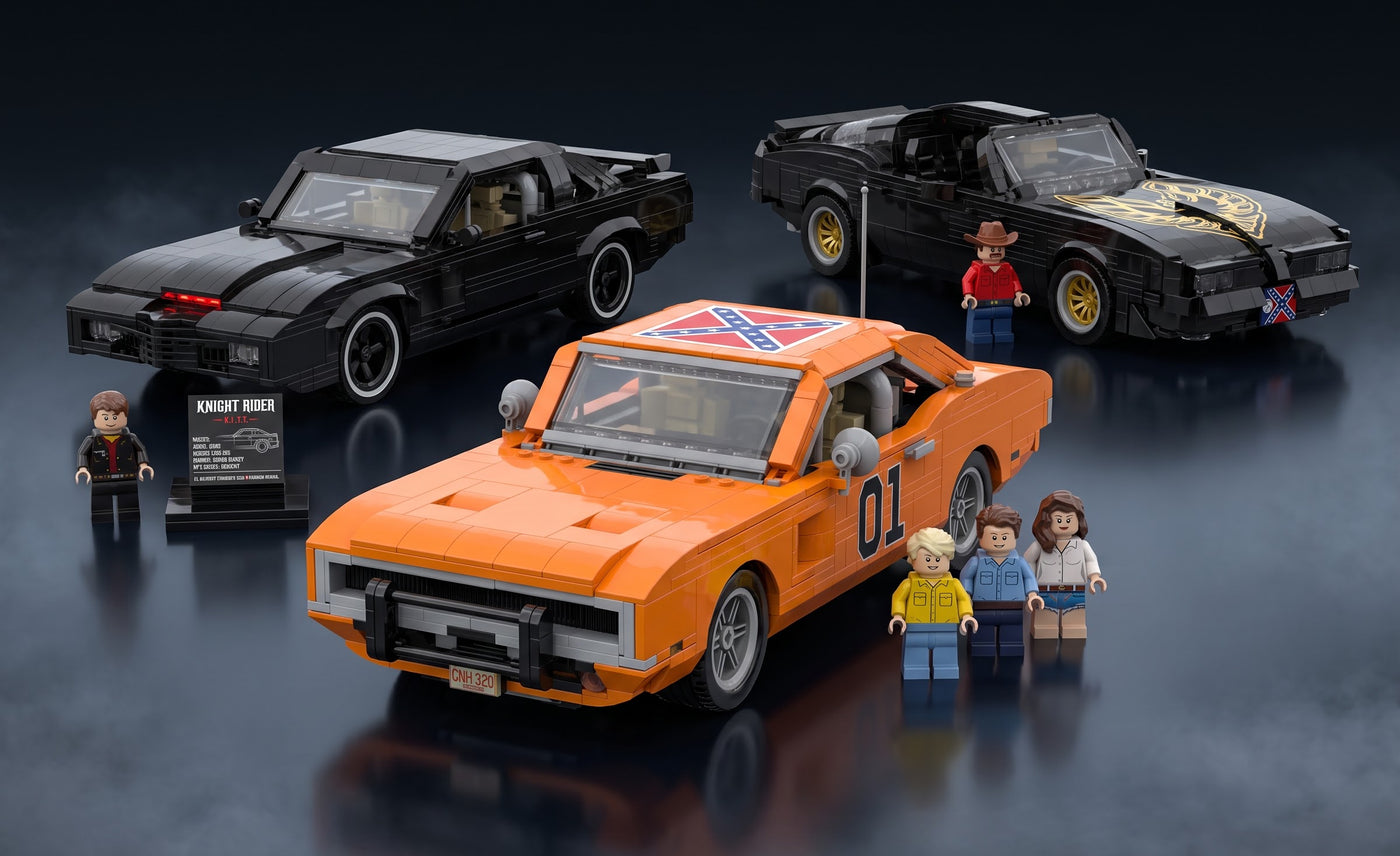 K.I.T.T, the Bandit Trans Am and the General Lee with all five minifigures
