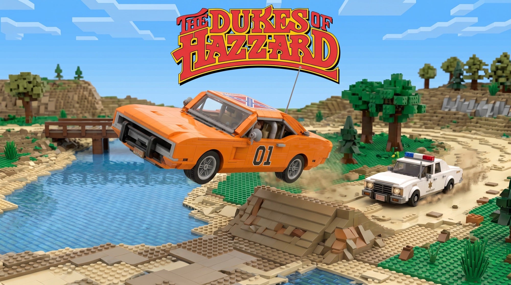 The General Lee mid-jump over the creek, sheriff car in pursuit
